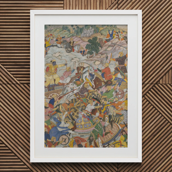 Krishna & Balarama Fighting the Enemy - Harivamsa Art Print / Canvas White Framed Artwork Vibrant Battle Scene Colorful Figures Harivamsa