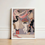 Artistic Framed Poster Stylized Figures Garments Vibrant Colors Georges Barbier’s Art, Mesmerizing Pochoir Print, Danse Des Fleurs