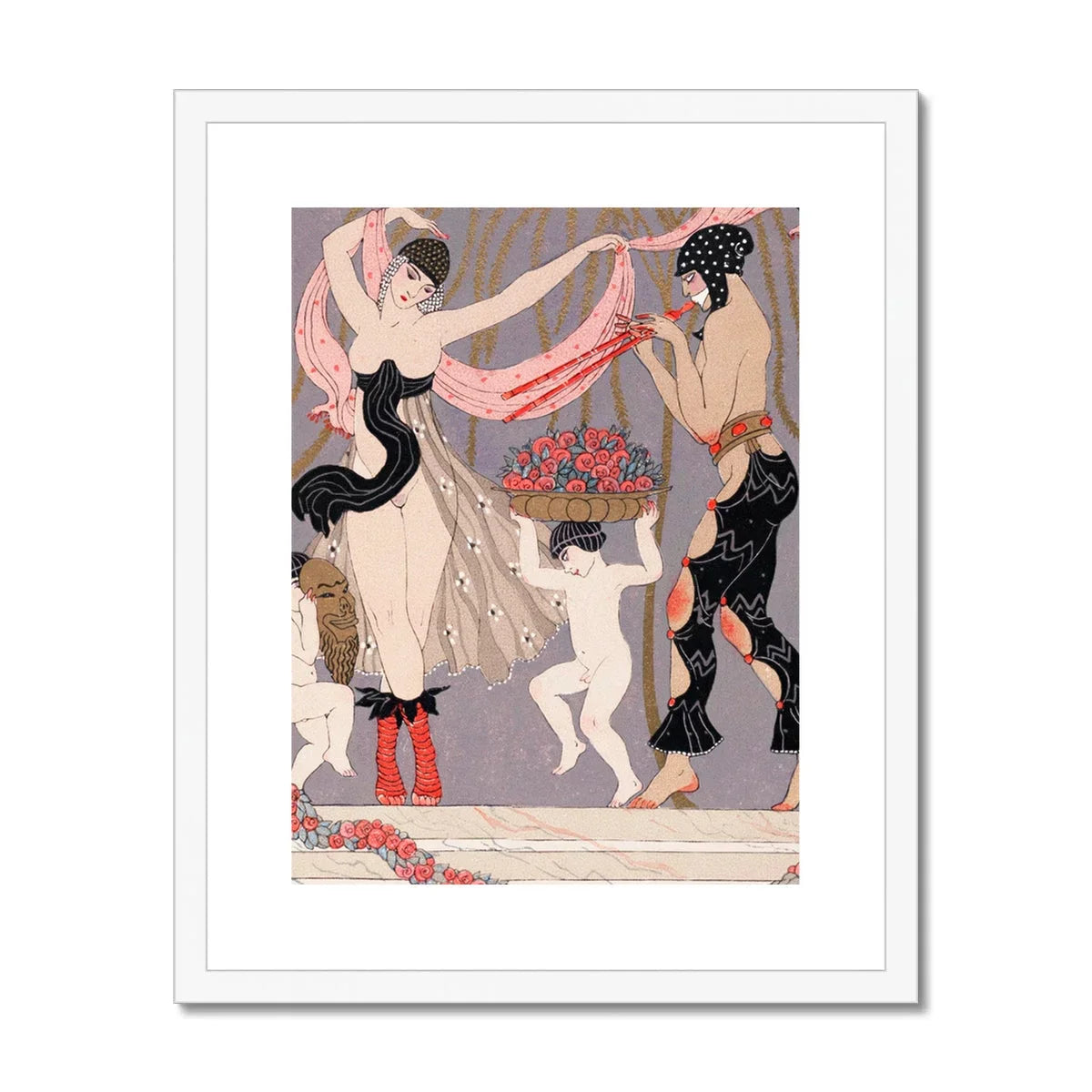 La Danse Des Fleurs - George Barbier 1920s Art Print, Art Deco Illustration Figures Pink Fabric Red Flowers