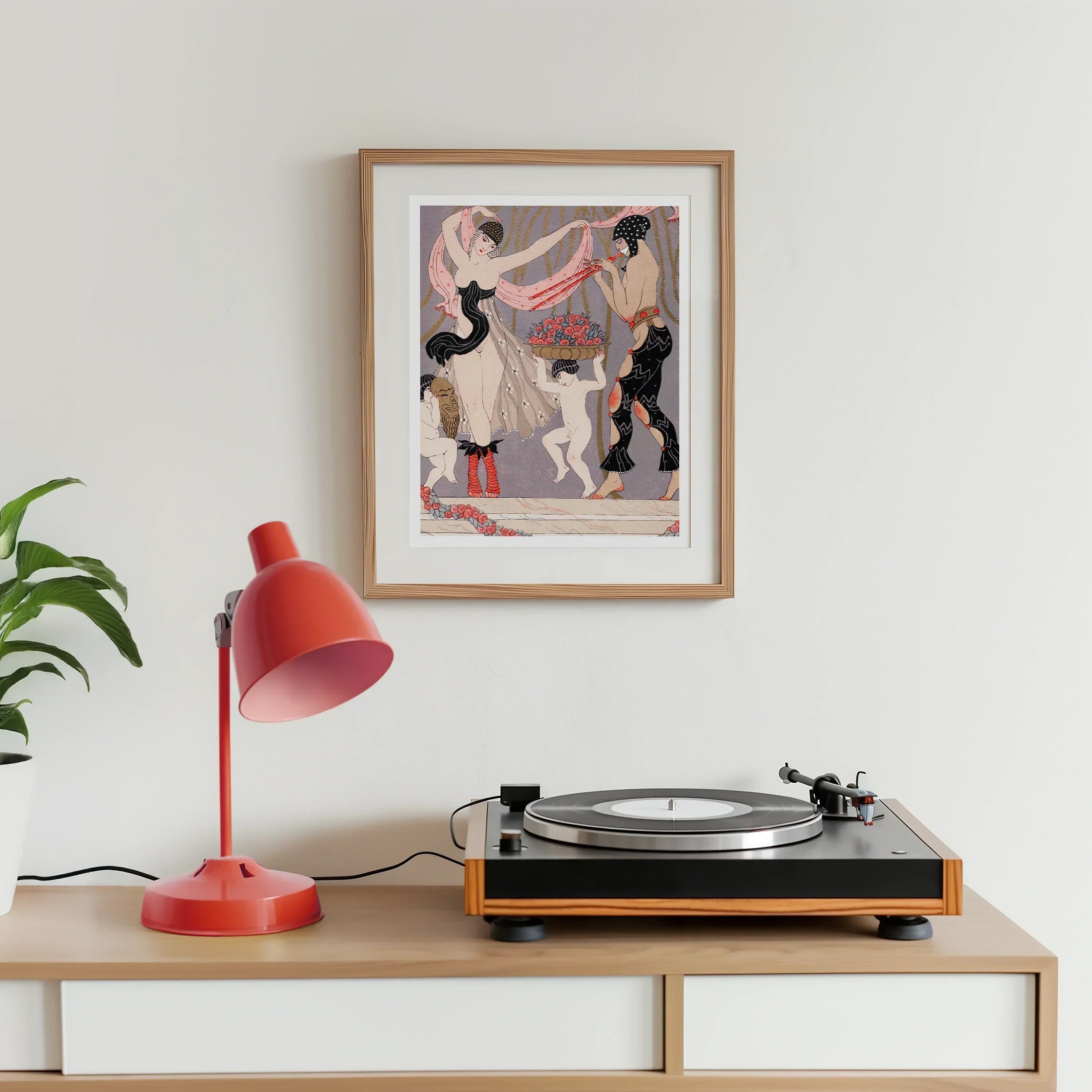 La Danse Des Fleurs - George Barbier 1920s Art Print, Turntable Wooden Surface Red Desk Lamp Framed Art