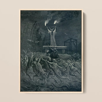 La Danse Du Sabbat - Emile Bayard Art Print / Canvas Framed Black-and-white Dramatic Scene Figures Torment Rendered Fine, Horned Officiant