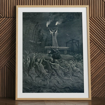 La Danse Du Sabbat - Emile Bayard Art Print / Canvas Framed Black-and-white Dramatic Detailed Central Figure Antlers, Horned Officiant