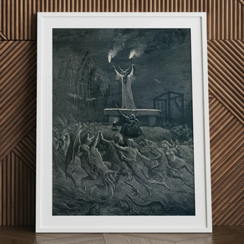La Danse Du Sabbat - Emile Bayard Art Print / Canvas White-framed Black-and-white Detailed Dramatic Scene Figures Creatures, Horned