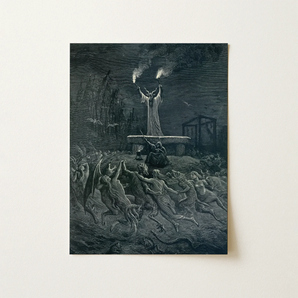 La Danse Du Sabbat - Emile Bayard Art Print / Canvas Black White Dramatic Scene Figures Torment Intricate Linework, Horned Officiant