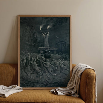 La Danse Du Sabbat - Emile Bayard Art Print / Canvas Framed Black-and-white Dramatic Scene Figures Torment Housed Light, Horned Officiant