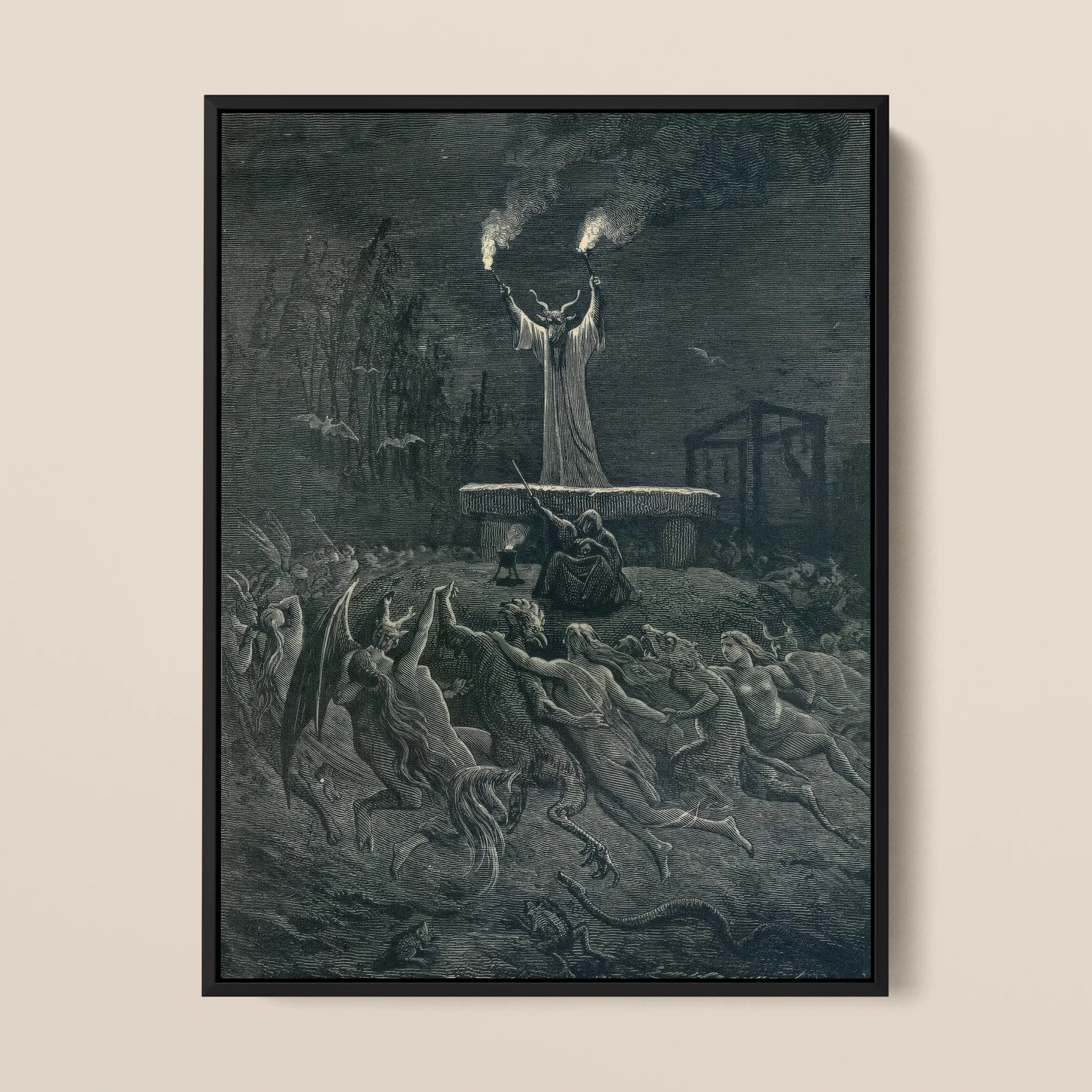 La Danse Du Sabbat - Emile Bayard Framed Canvas, 12x16’’ / 31x41cm / Black Floating Frame, Framed Black White Print Dramatic Scene Central