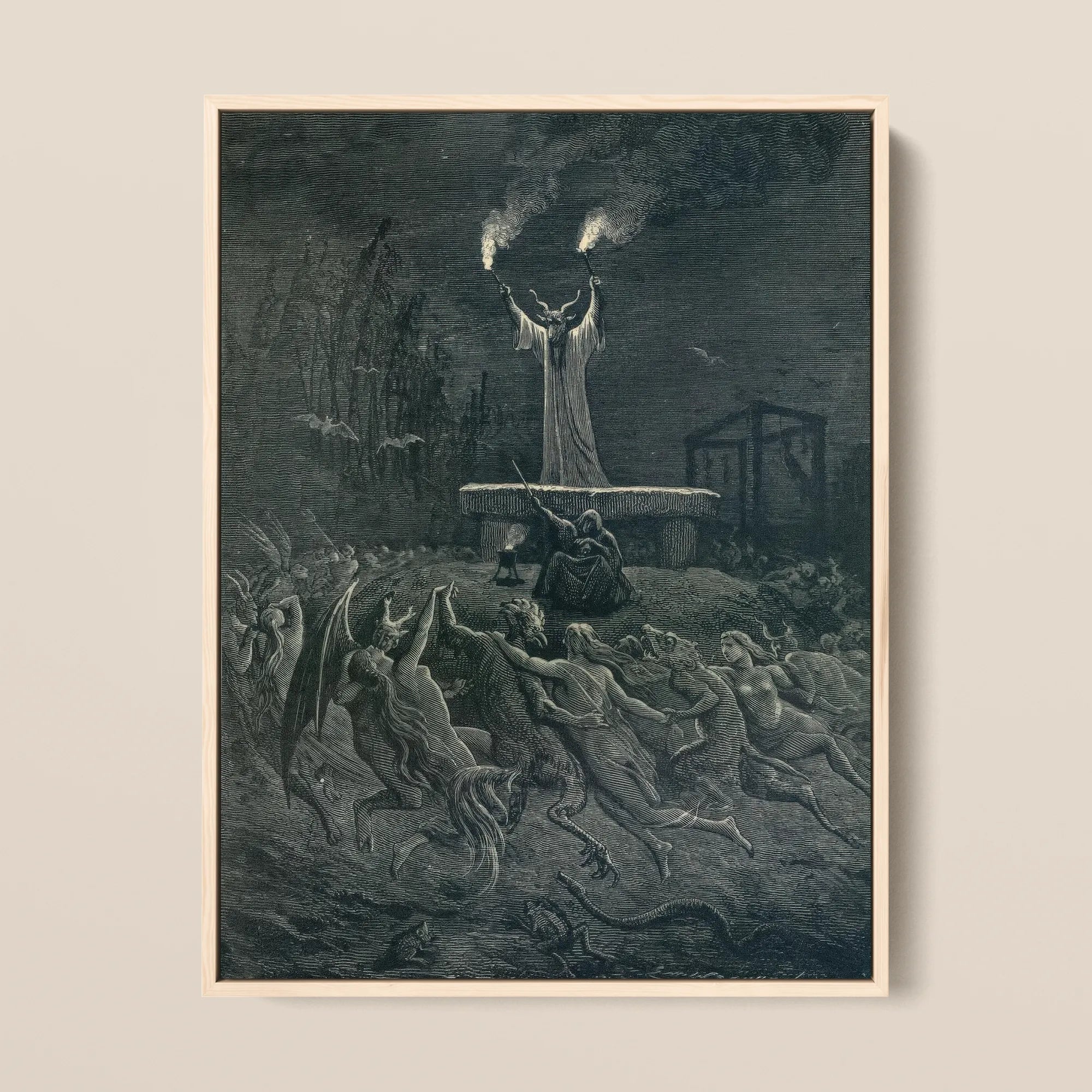 La Danse Du Sabbat - Emile Bayard Framed Canvas, 12x16’’ / 31x41cm / Natural Floating Frame, Framed Dark Intricately Detailed Scene Robed