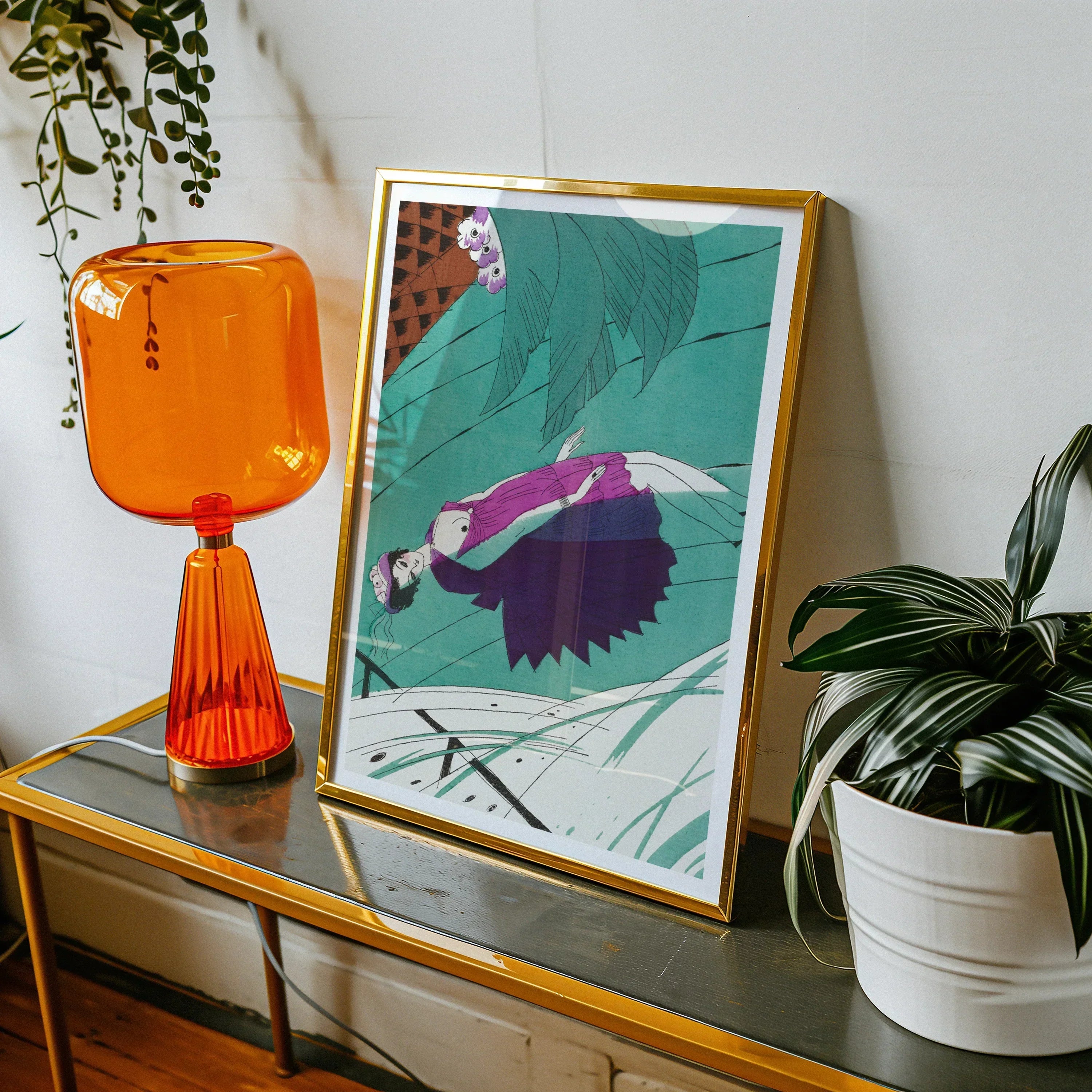 La Morte D’amour - Charles Martin 1920s Art Print, Bright Orange Glass Table Lamp Tapered Base Cylindrical