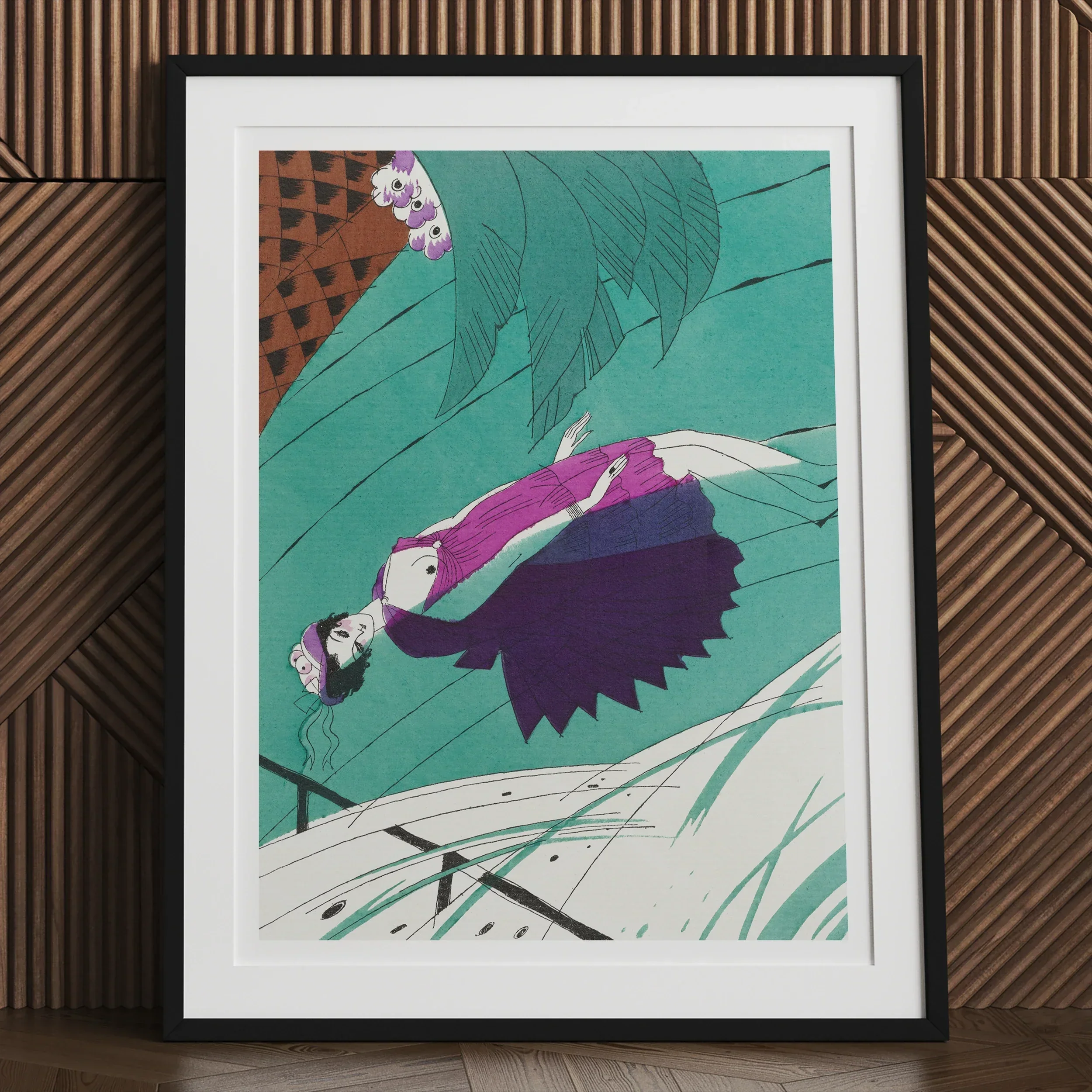 La Morte D’amour Charles Martin 1920s Art Print, Framed Artwork Stylized Bird Flight Vibrant Purple Green
