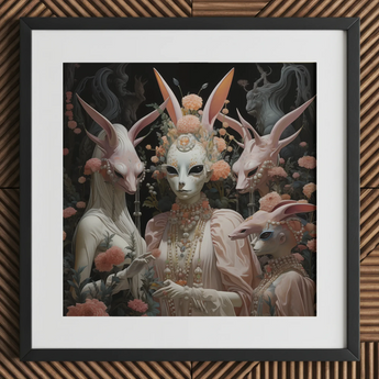 Ladies who Lunch - Alien Renaissance Art Print, 12x12’’ / 31x31cm / Black Frame / 2’’ Matboard, Framed Artwork Four Rabbit-headed Humanoid