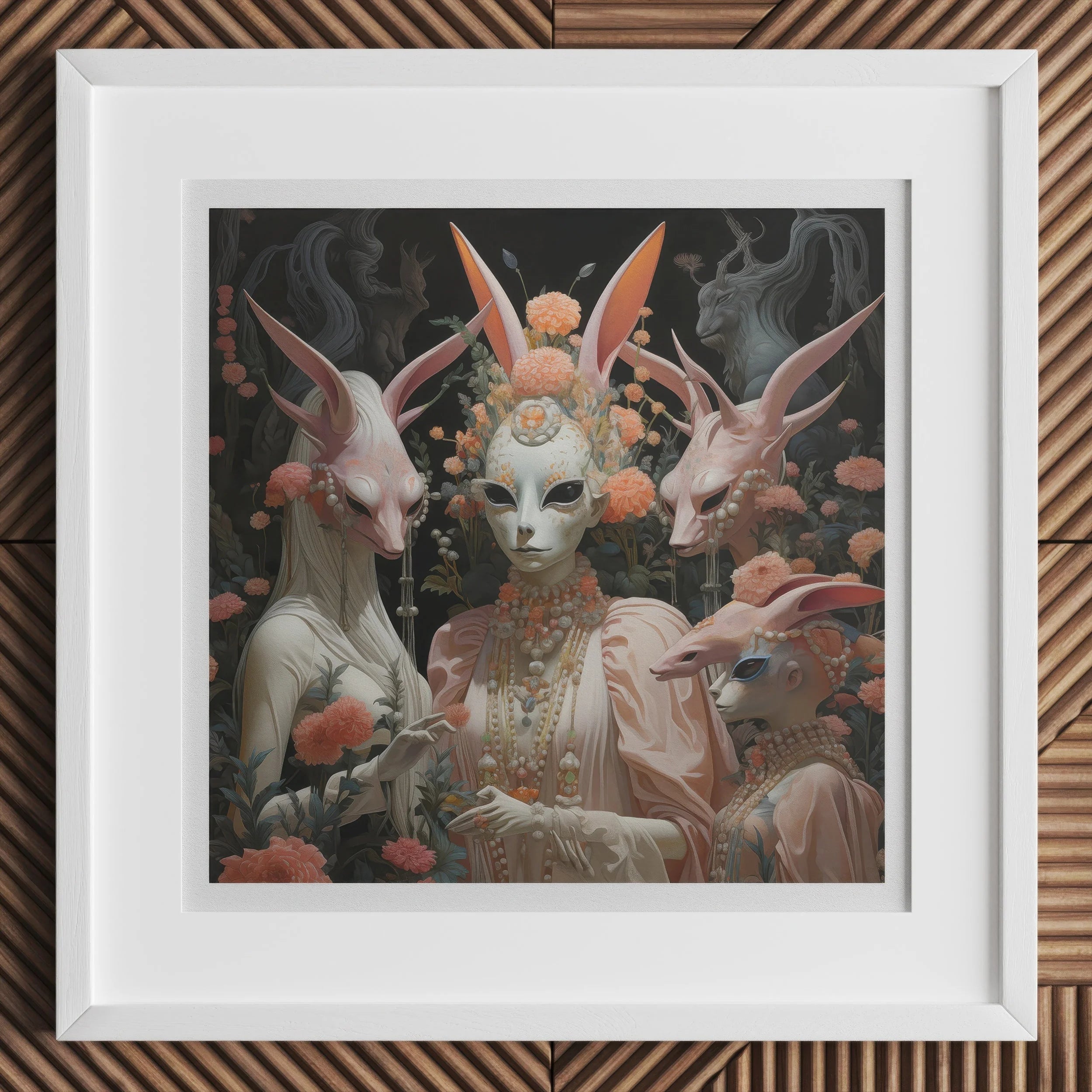 Ladies who Lunch - Alien Renaissance Art Print, 12x12’’ / 31x31cm / White Frame / 2’’ Matboard, Surreal Framed Artwork Masked Figure