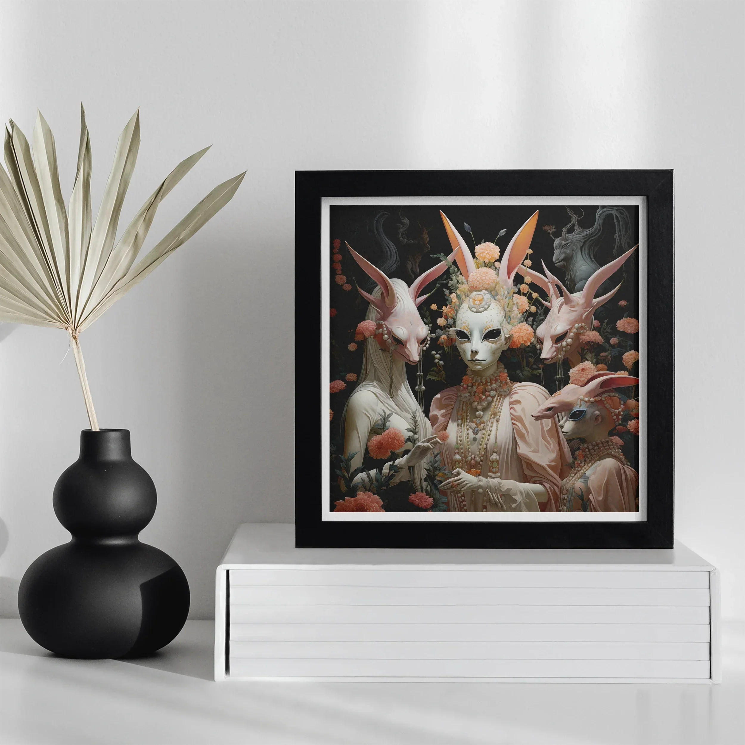 Ladies who Lunch Alien Renaissance Art Print, Framed Surrealist Artwork Masked Figure Surrounded Animal Like Creatures