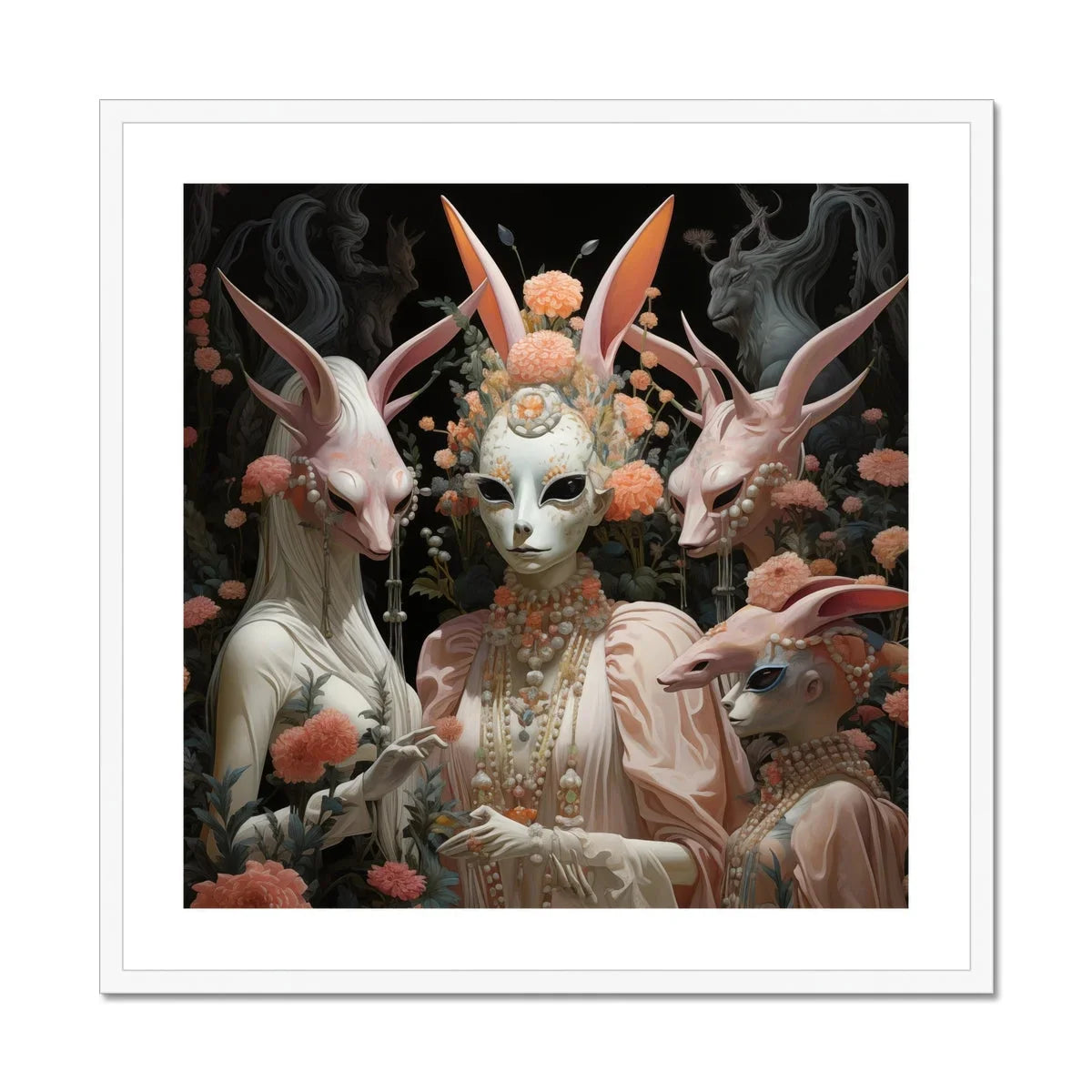 Ladies who Lunch Alien Renaissance Art Print, Surreal Figure Ornate Jewelry Mask Flanked Two Rabbit Like