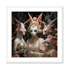 Ladies who Lunch Alien Renaissance Art Print, Surreal Figure Ornate Jewelry Mask Flanked Two Rabbit Like