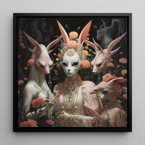 Ladies who Lunch - Alien Renaissance Framed Canvas, 12x12’’ / 31x31cm / Black Floating Frame, Surreal Alien Rabbit Portrait