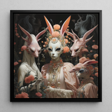 Ladies who Lunch - Alien Renaissance Framed Canvas, 12x12’’ / 31x31cm / Black Floating Frame, Surreal Alien Rabbit Portrait