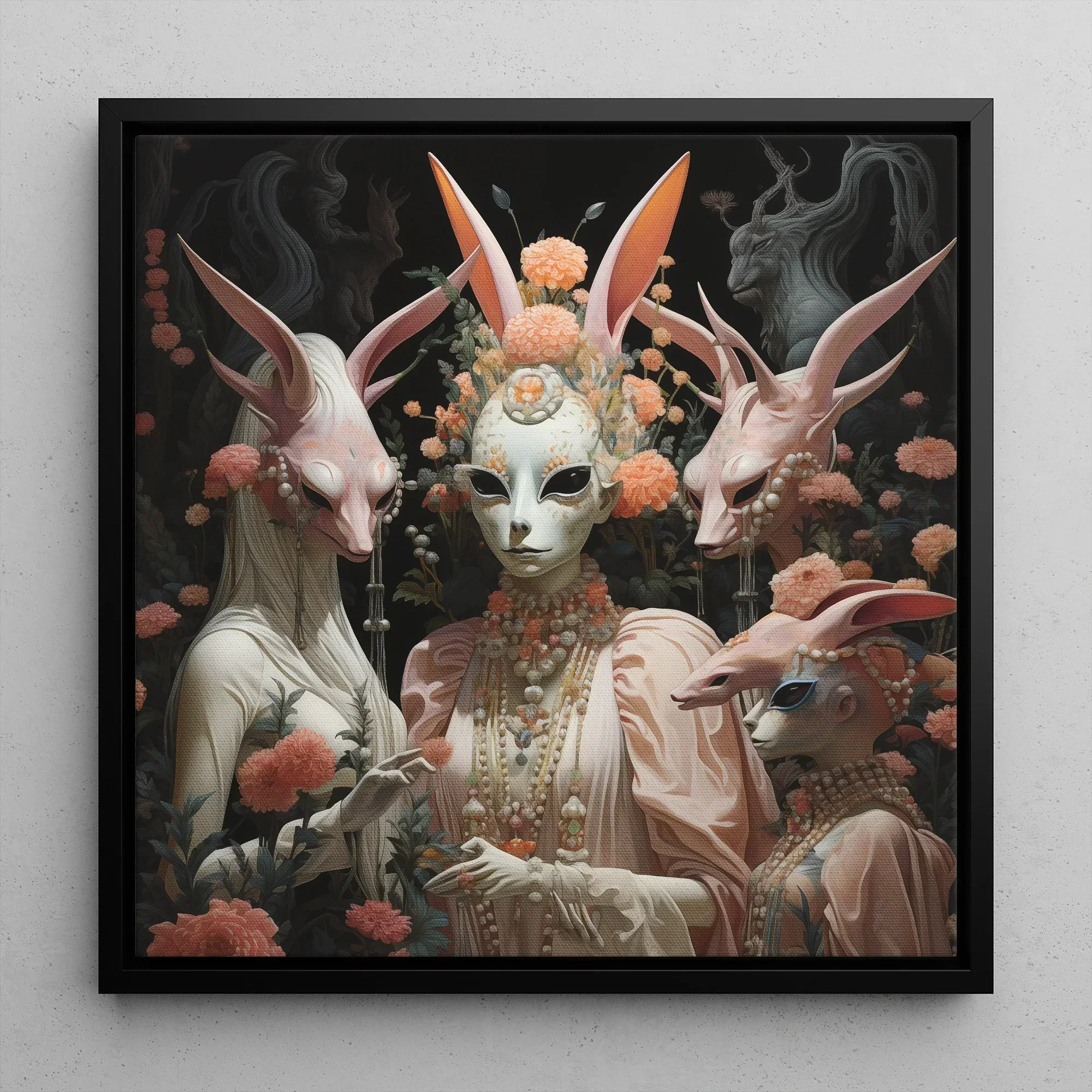 Ladies who Lunch Alien Renaissance Framed Canvas, 12x12’’ / 31x31cm / Black Floating Frame, Surreal Alien Rabbit Portrait