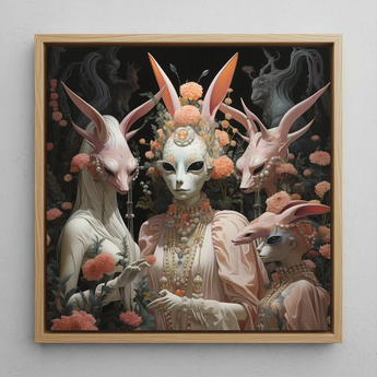 Ladies who Lunch - Alien Renaissance Framed Canvas, 12x12’’ / 31x31cm / Natural Floating Frame, Framed Artwork Four Alien-like Figures