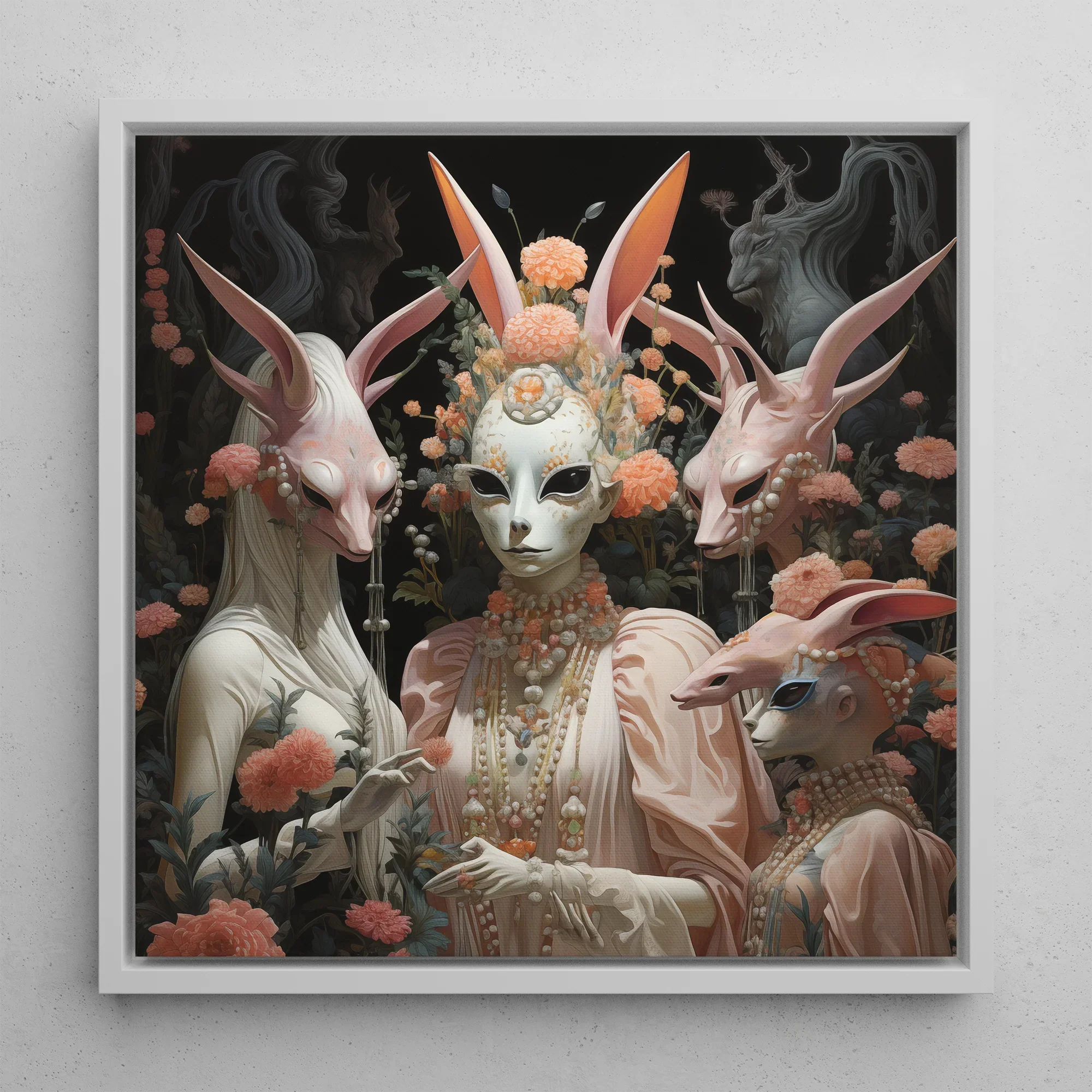 Ladies who Lunch Alien Renaissance Framed Canvas, 12x12’’ / 31x31cm / White Floating Frame, Framed Surreal Alien Rabbit Portrait