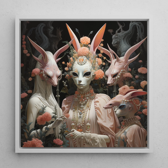 Ladies who Lunch - Alien Renaissance Framed Canvas, 12x12’’ / 31x31cm / White Floating Frame, Framed Surreal Alien Rabbit Portrait