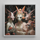 Ladies who Lunch - Alien Renaissance Framed Canvas, 12’’x12’’ / White Floating Frame, Framed Surreal Alien Rabbit Portrait