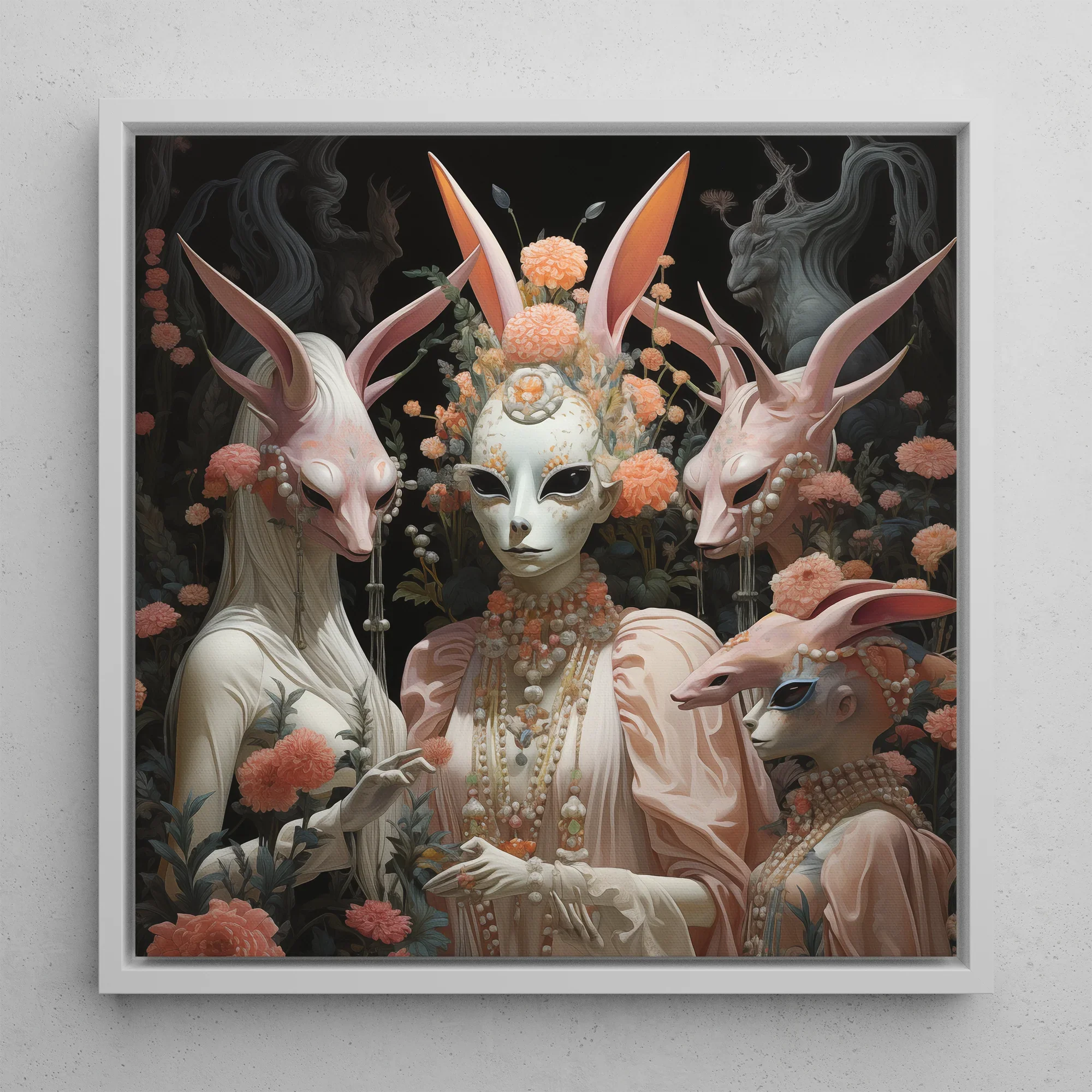 Ladies who Lunch - Alien Renaissance Framed Canvas, 12’’x12’’ / White Floating Frame, Framed Surreal Alien Rabbit Portrait