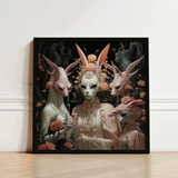 Framed Artwork Four Ethereal Bunny-faced Figures Adorned Ornate Fine Art Paper, Print, Bold Statements