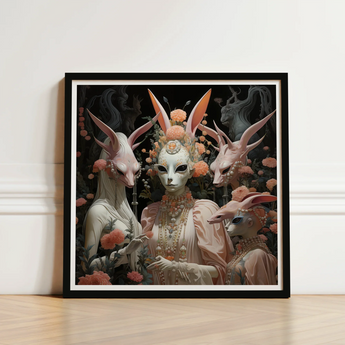 Framed Artwork Four Ethereal Pale-skinned Figures Long Ears Fine Art Paper, Print, Bold Statements