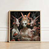 Framed Artwork Four Ethereal Bunny-faced Figures Adorned Ornate Fine Art Paper, Print, Bold Statements