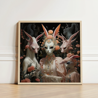 Framed Artwork Four Ethereal Bunny-faced Figures Adorned Ornate Fine Art Paper, Print, Bold Statements