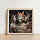 Framed Artwork Four Ethereal Rabbit-faced Figures Adorned Soft Fine Art Paper, Print, Bold Statements