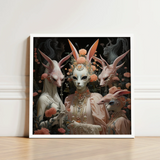 Framed Artwork Four Ethereal Rabbit-faced Figures Adorned Ornate Fine Art Paper, Print, Bold Statements