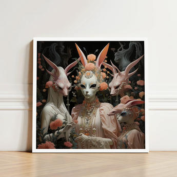 Framed Artwork Four Ethereal Rabbit-faced Figures Adorned Ornate Fine Art Paper, Print, Bold Statements