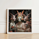 Framed Artwork Three Ethereal Bunny-faced Figures Adorned Soft Fine Art Paper, Print, Bold Statements