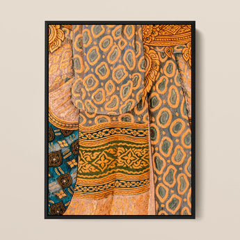 Lady in Waiting - Royal Siam Thai Mural Art Print / Canvas Framed Artwork Vibrant Collage Patterned Textiles Orange Green Captivating,