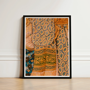 Lady in Waiting - Royal Siam Thai Mural Art Print / Canvas Framed Artwork Vibrant Patterned Textile Intricate Orange Green Captivating,