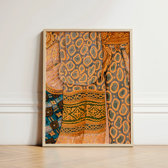 Lady in Waiting - Royal Siam Thai Mural Art Print / Canvas Framed Artwork Patchwork Vintage Textiles Warm Earth Tones Captivating, Gilded