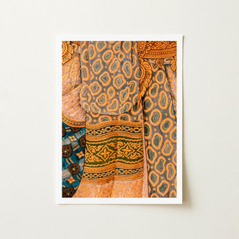 Lady in Waiting - Royal Siam Thai Mural Art Print / Canvas Framed Vibrant Collage Patterned Textiles Warm Orange Captivating, Gilded