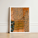 Lady in Waiting - Royal Siam Thai Mural Art Print / Canvas Framed Artwork Vibrant Patterned Textile Intricate Orange Green Captivating,