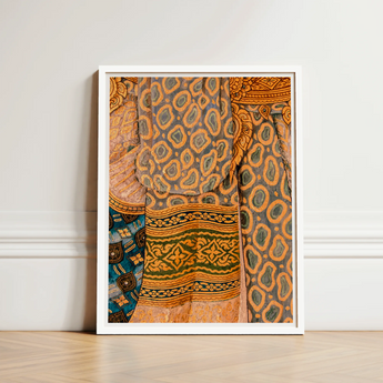 Lady in Waiting - Royal Siam Thai Mural Art Print / Canvas Framed Artwork Vibrant Patterned Textile Intricate Orange Green Captivating,