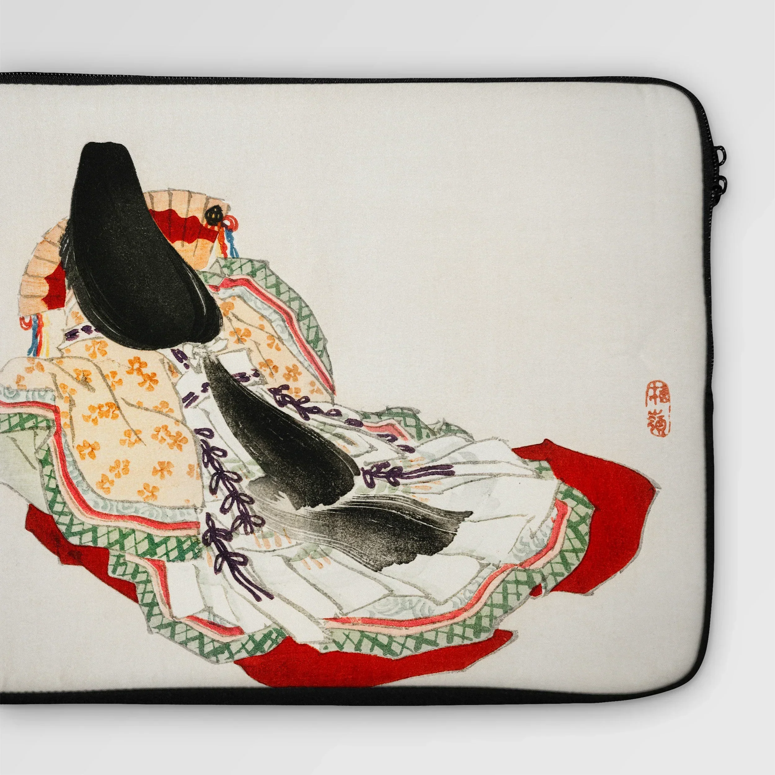 Lady in a Kimono - Kōno Bairei Geisha Laptop Sleeve, Laptop Sleeve Colorful Japanese-style Illustration Rooster Chicken