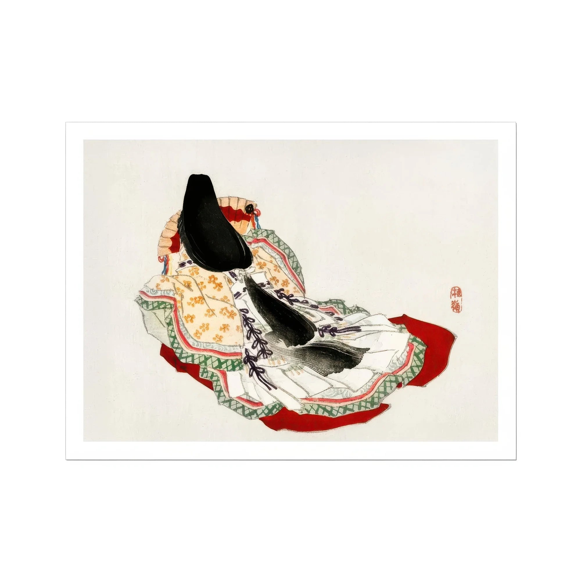 Lady in a Kimono - Kōno Bairei Meiji Geisha Art Print, Traditional Japanese Court Robe Ornate Floral Patterns Red