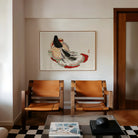 Lady in a Kimono Kōno Bairei Meiji Geisha Art Print, Two Tan Leather Mid Century Modern Chairs Positioned