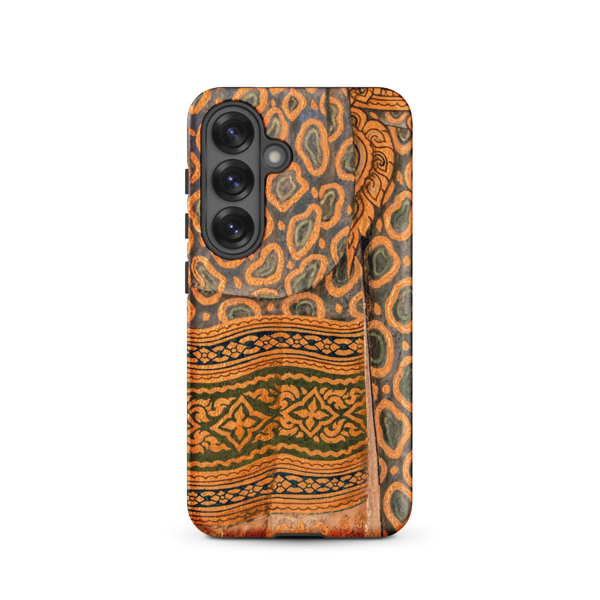 Lady in Waiting Royal Siam Mural Samsung Case, Glossy / Galaxy S25, Smartphone Case Traditional Indian Textile Pattern Orange Black