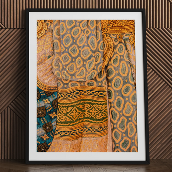 Framed Thai mural art print of a lady's patterned clothing
