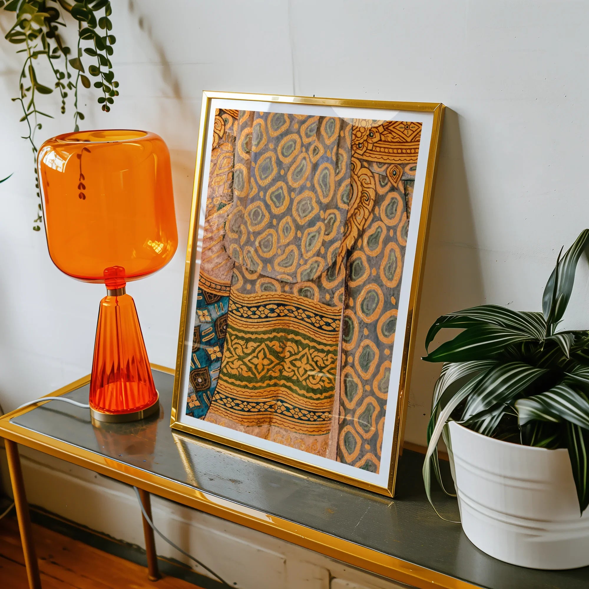 Lady in Waiting - Royal Siam Thai Mural Art Print, Framed Artwork Colorful Patterned Textile Design