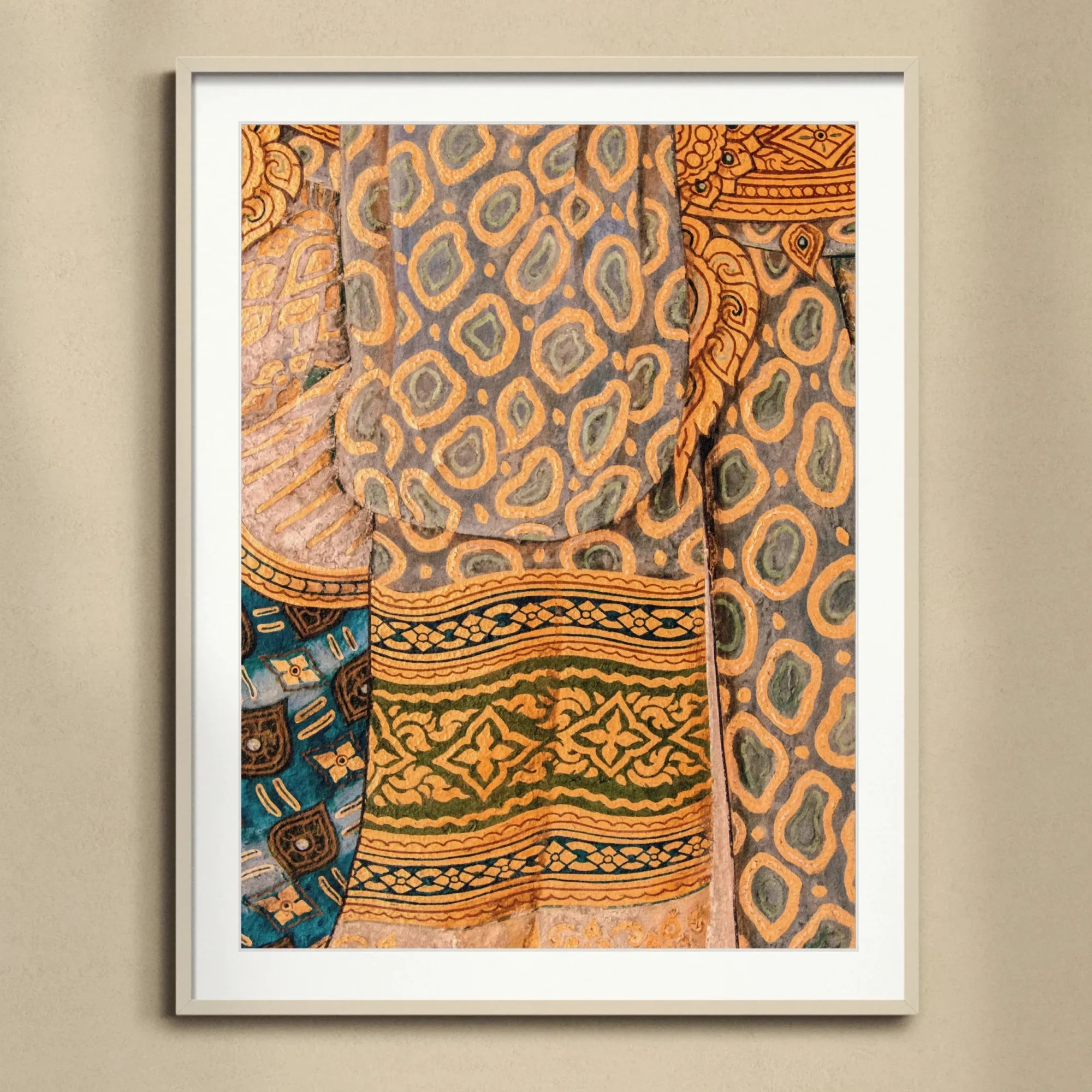 Lady in Waiting - Royal Siam Thai Mural Art Print, Framed Textile Artwork Traditional African Patterns Orange Blue