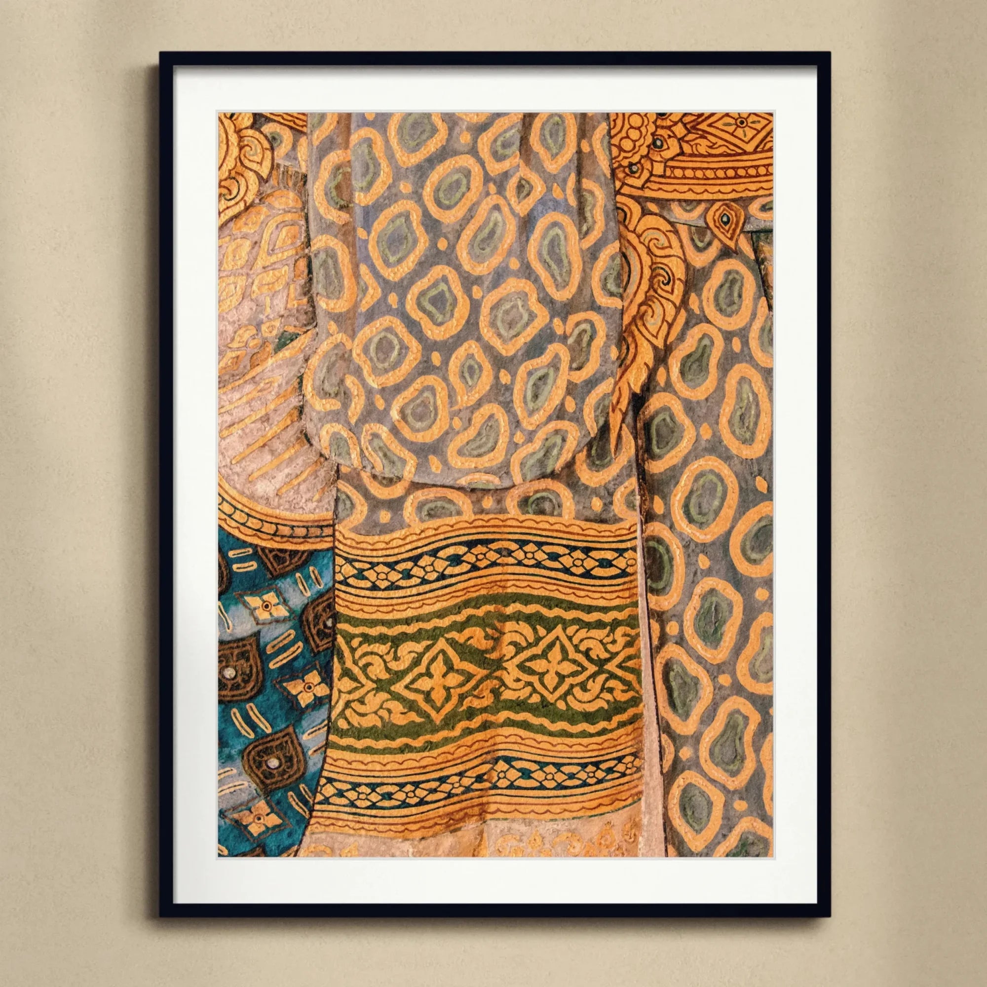 Lady in Waiting - Royal Siam Thai Mural Art Print, Framed Textile Artwork Traditional African Patterns Orange Blue