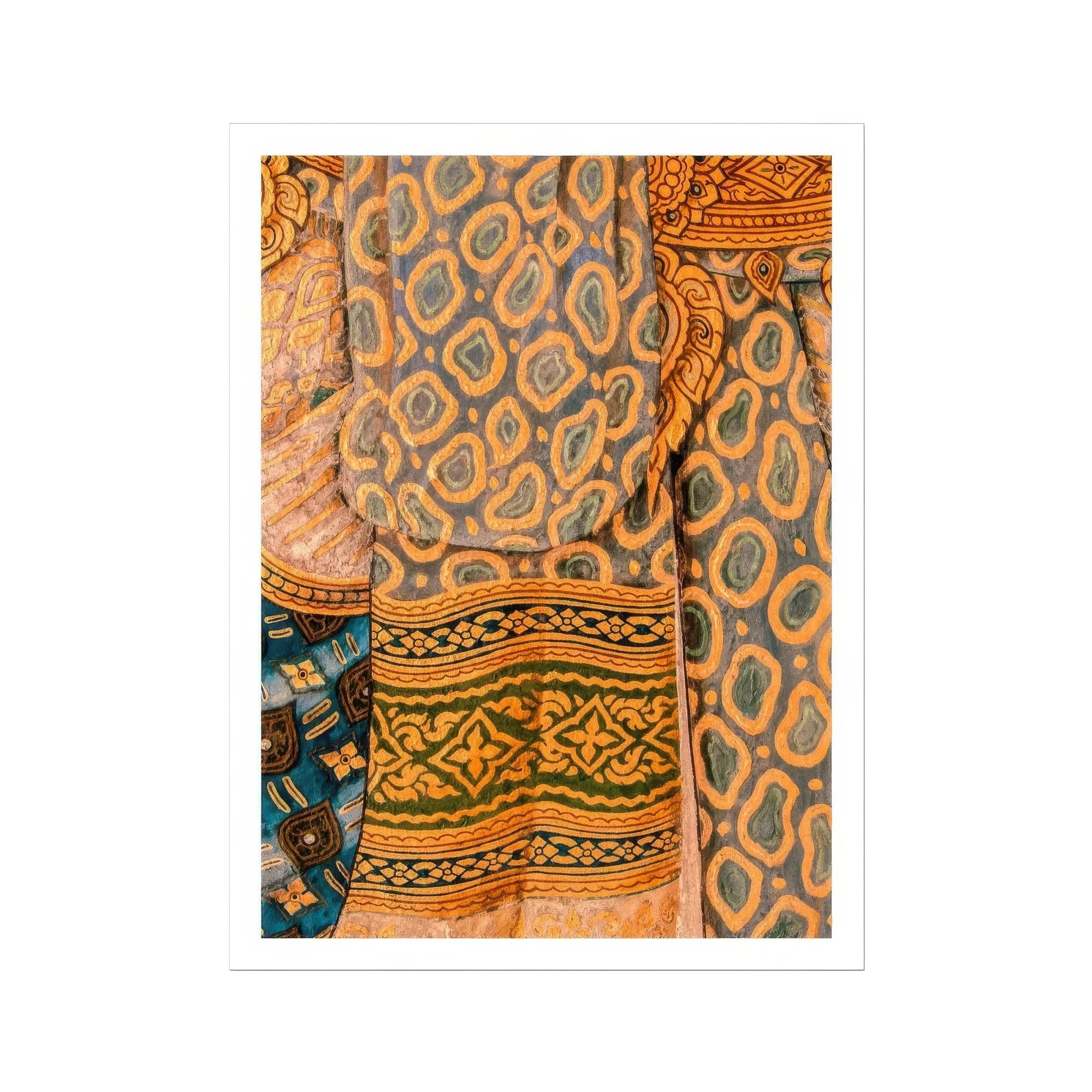 Lady in Waiting - Royal Siam Thai Mural Art Print, Traditional Patterned Fabric Orange Blue Geometric Designs Tribal