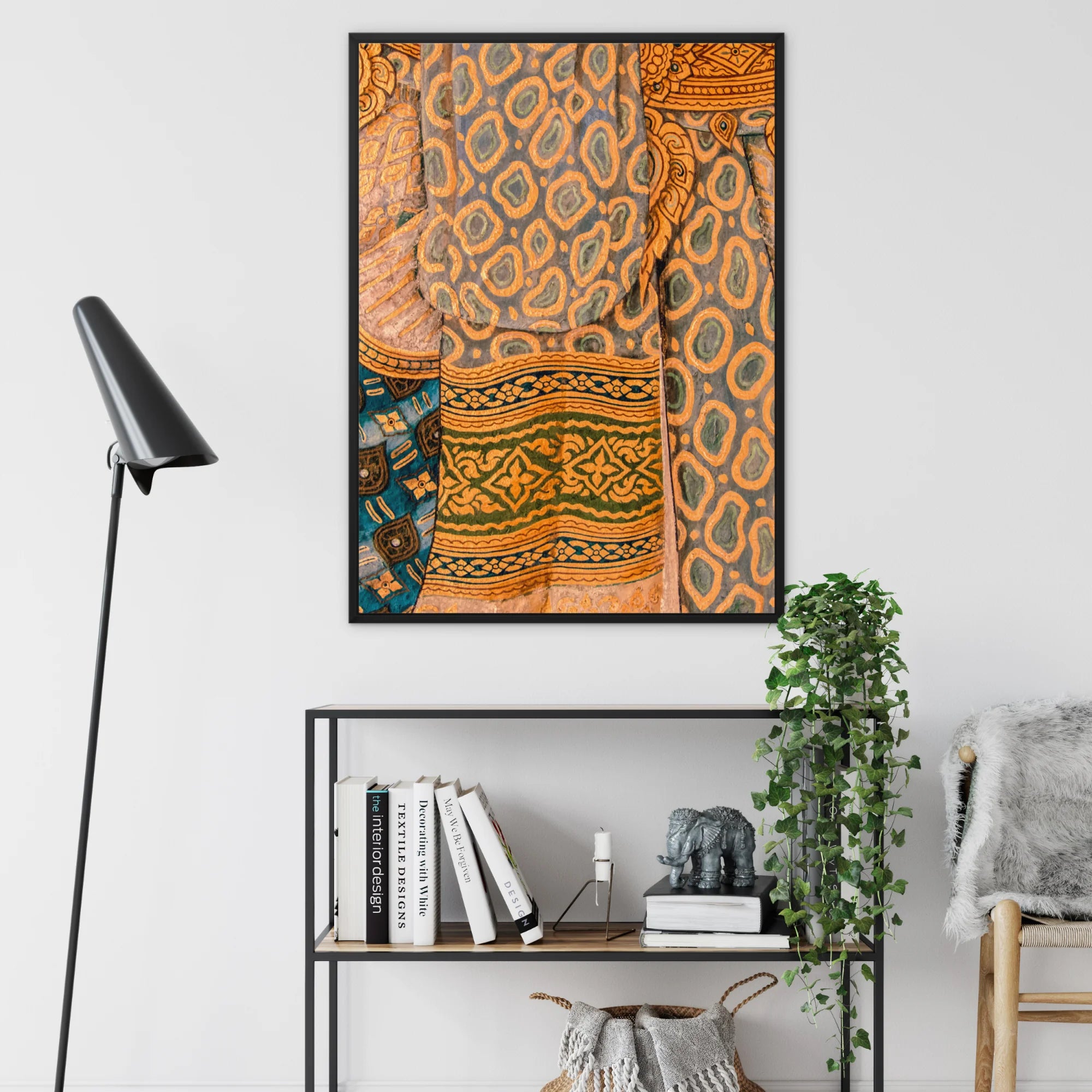 Lady in Waiting - Royal Siam Thai Mural Framed Canvas, Framed Abstract Artwork Orange Brown Leopard Print Patterns